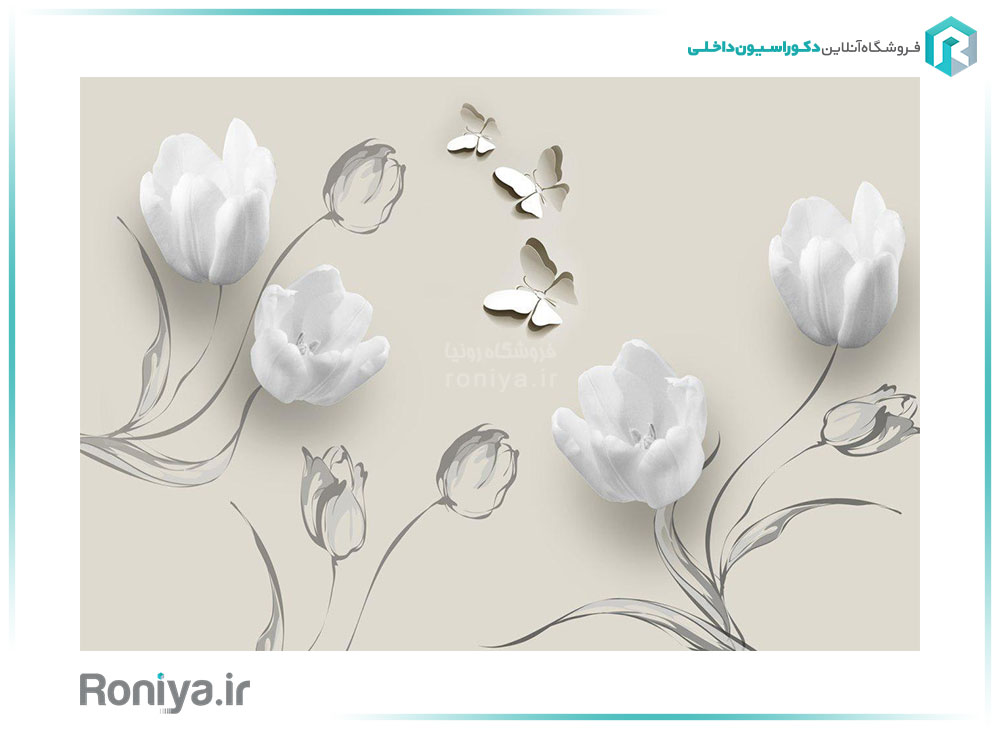 پوستر دیواری سه بعدی طرح گل سفید و پروانه کد 3DF 227