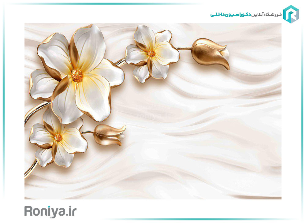 پوستر دیواری گل سفید و طلایی لوکس کد  3DF-196