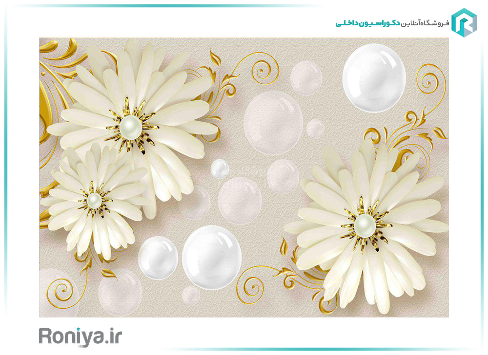 پوستر دیواری گل سفید و طلایی کد 3DF-205