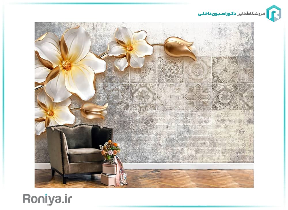 کاغذ دیواری پوستری گل سفید و طلایی 3DF-598