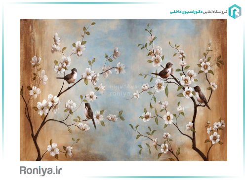 پوستر دیواری سه بعدی گنجشک ها و شکوفه ها کد 3DF-162