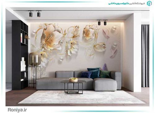 پوستر دیواری سه بعدی طرح گل و ماهی کد 3DF-248 3 دیوار پوش طرح سوسن برای پذیرایی