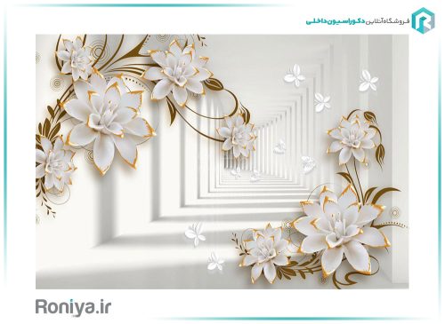 پوستر دیواری سه بعدی طرح گل سفید طلایی کد 3DF-230