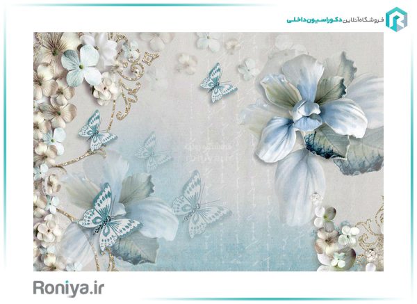 پوستر دیواری سه بعدی طرح گل و پروانه آبی فیروزه ای کد 3Df_244