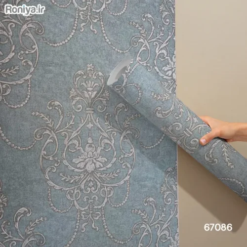 کاغذ دیواری تک گل نقره آبی داماسک کد 67086