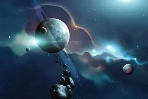 پوستر دیواری طرح سیاره زحل و کهکشان آبی