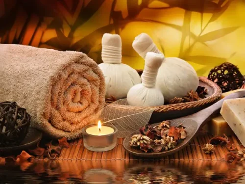 پوستر دیواری ماساژ طرح کمپرس گیاهی اسپا